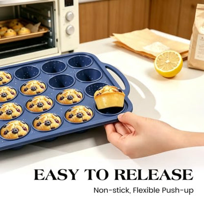 Mini Silicone Muffin Pan 24 Cups with Reinforced Metal Frame Blue - Small Bites