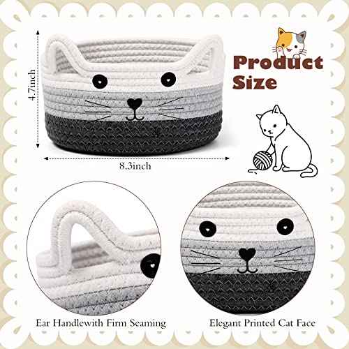 Zopeal Cat Basket Storage Woven Organizer with Ears Christmas Decorative Pet Toy Cute Cotton Rope Basket for Gift Cat Dog Toy Bin Nursery Room(8.3 x 4.7 Inch,White, Light Gray and Gray)