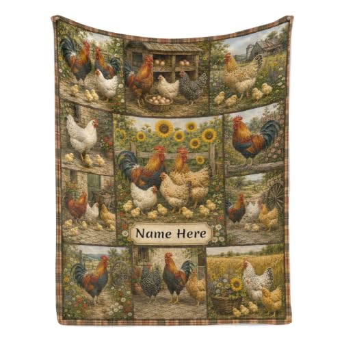 Farmhouse Chicken Blanket with Name Personalized Flannel Throw - Custom Gift