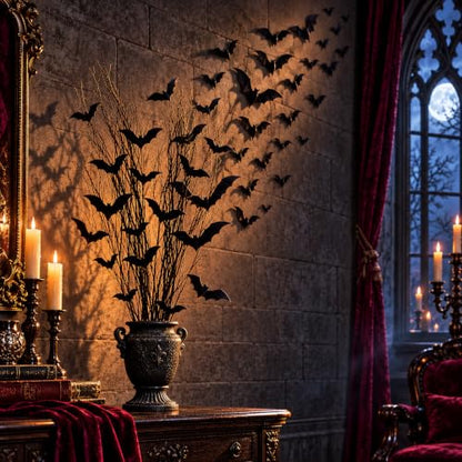 Halloween Dried Curly Willow Branches with 3D Bat Stickers & Vase Filler Set