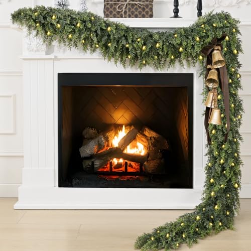 9FT Artificial Cedar Christmas Garland with Pre-Lit Warm LED Lights - Green / 9FT / 1 Piece