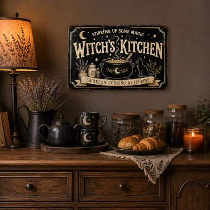Halloween Metal Art Sign Witch's Kitchen Cauldron Cooking Decor 8x12 Inches - Witch's Magic Theme Wall Art