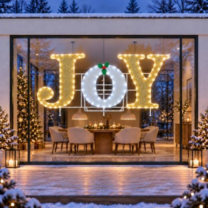 Lighted Christmas Joy Sign Decoration 3.8FT x 2FT Gold & White with Holly - LED Holiday Indoor Outdoor Decor