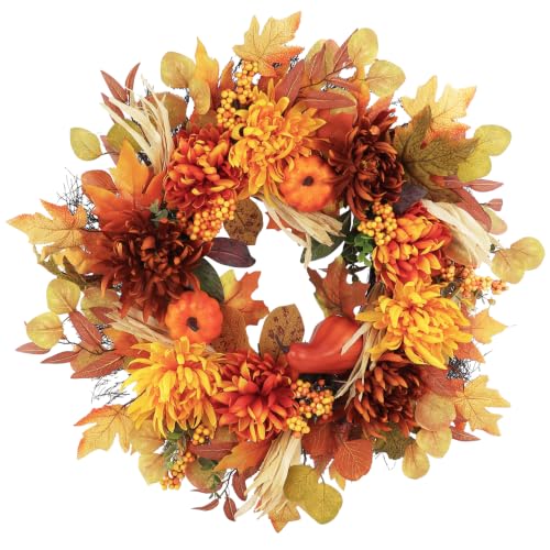 26-Inch Fall Wreath with Dahlia Pumpkin Berries - Autumn Harvest Front Door Decor - Golden Maple Variation