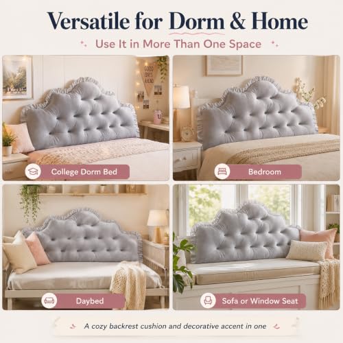 Twin XL Velvet Headboard Pillow with Tufted Crown and Ruffle Trim - Beige, 100cm