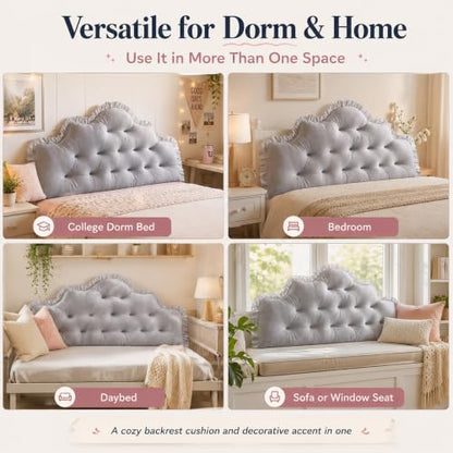 Twin XL Velvet Headboard Pillow with Tufted Crown and Ruffle Trim - Beige, 100cm