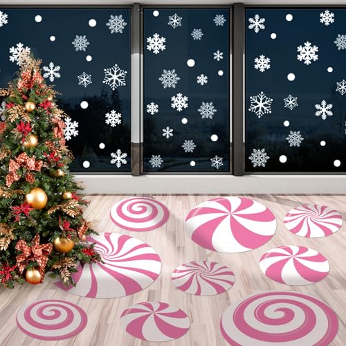 Pink Christmas Peppermint Floor Decals & Snowflake Wall Stickers - Holiday Decor