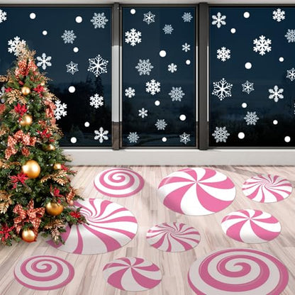 Pink Christmas Peppermint Floor Decals & Snowflake Wall Stickers - Holiday Decor