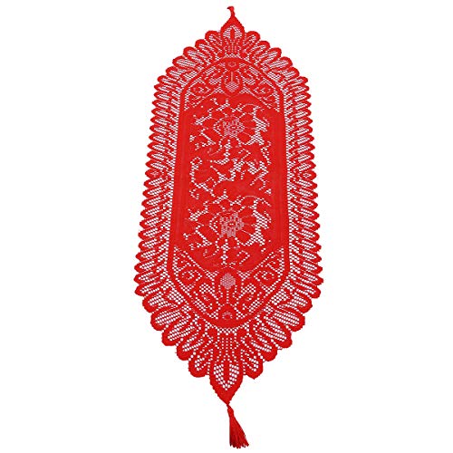 Red Lace Table Runner for Christmas Party Coffee Decor - 13x35 Inches - Variation #1-Red