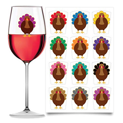 Turkey Wine Glass Decal Drink Markers 12pc Reusable Static Cling Stickers Thanksgiving