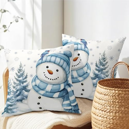 Sky Blue Christmas Snowman Pillow Covers 16x16 Inch Pack of 2 Winter Home Decor
