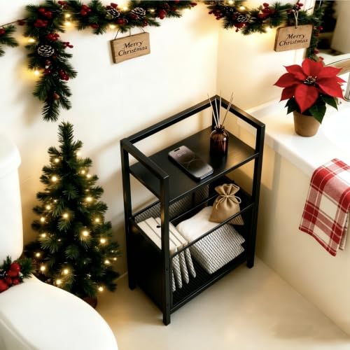 Black Freestanding Toilet Paper Holder Stand with Metal Mesh Basket and Storage