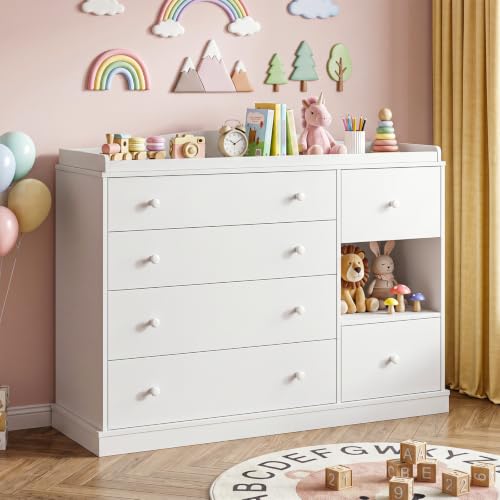Kids Dresser Cabinet with Changing Table - White Child Bedroom Storage Furniture