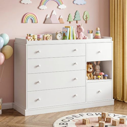 Kids Dresser Cabinet with Changing Table - White Child Bedroom Storage Furniture