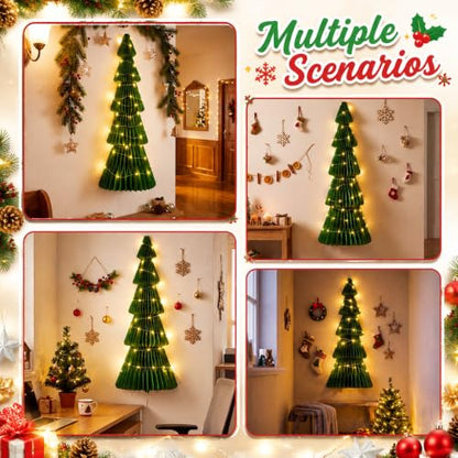 Wall-Mounted 3FT Christmas Tree with LED Lights, Honeycomb Paper Decor
