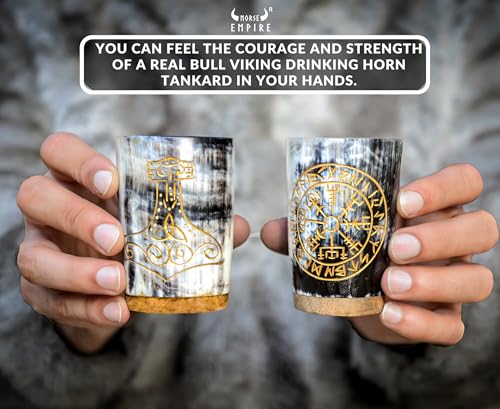Viking Drinking Horn Shot Glasses Set of 6 with Engraving VEGVASIR VALKNUT WOLF MJOLNIR JARL Natural