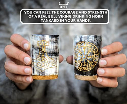 Viking Drinking Horn Shot Glasses Set of 6 with Engraving VEGVASIR VALKNUT WOLF MJOLNIR JARL Natural