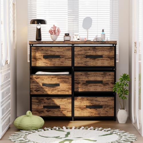 Dresser 6 Fabric Large Drawer Stand with Leather Top - Brown Variation
