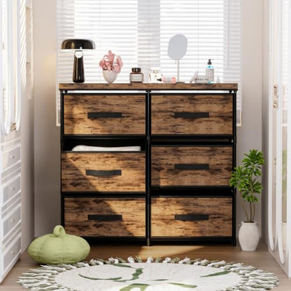 Dresser 6 Fabric Large Drawer Stand with Leather Top - Brown Variation