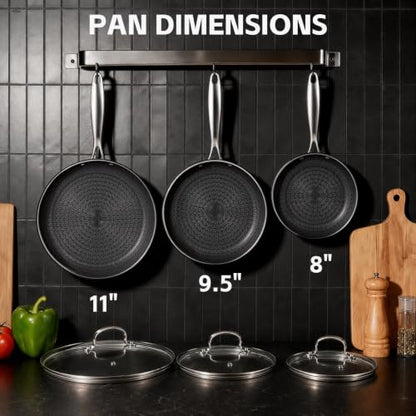 Non Stick Frying Pan Set with Lids - 8, 10, 12 Inch Skillets, Ceramic Hybrid Interior