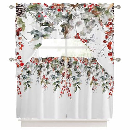 White Winter Christmas Swag Valance and Tier Curtain Set 36" Length