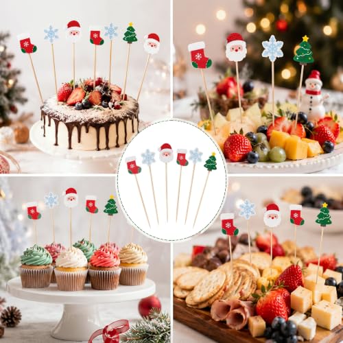 Christmas Santa Cocktail Picks Set - 200 Bamboo Toothpicks with Santa Design