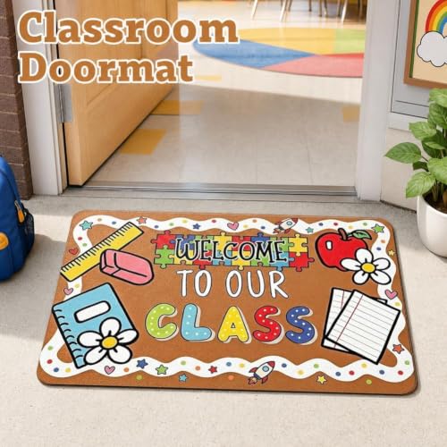 Classroom Welcome Mat with Flower Design - Non Slip Entry Rug for School