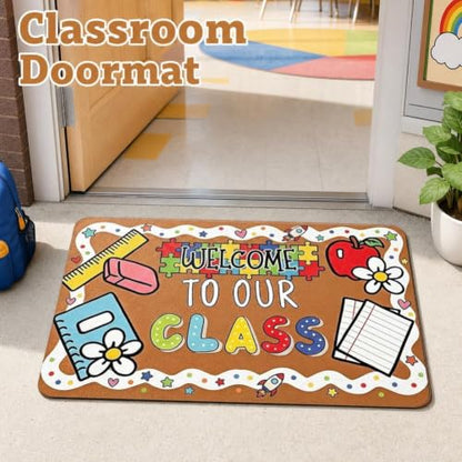 Classroom Welcome Mat with Flower Design - Non Slip Entry Rug for School