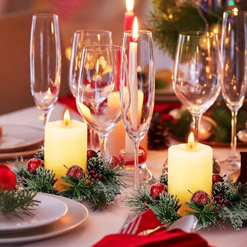 Christmas Candle Ring Set with Berries and Pine Cones - Winter Holiday Decor