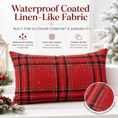 Irenare Waterproof Outdoor Pillow Cover Set - 20 x 12 Inch Christmas Plaid Lumbar Pillow Cases, Pack of 2