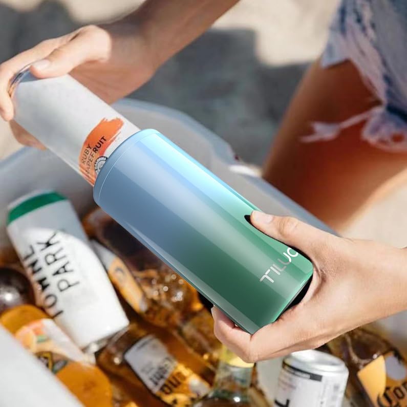 TILUCK Slim Can Cooler - Double-Walled Stainless Steel Insulator for 12 oz Cans | Teal Gradient Finish