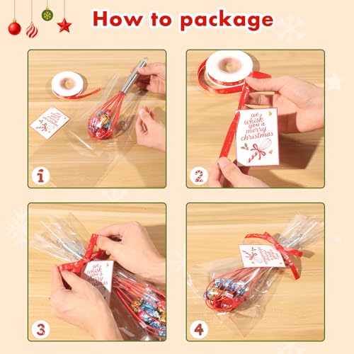 Christmas Red Silicone Whisk Gift Set - 8 Pack 10 Inch Kitchen Utensils with Greeting Cards & Ribbons
