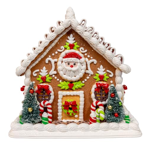 Battery Operated Gingerbread House Decor with Santa and Ribbon Candy Roof - Christmas Table Centerpiece