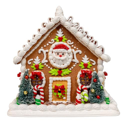 Battery Operated Gingerbread House Decor with Santa and Ribbon Candy Roof - Christmas Table Centerpiece