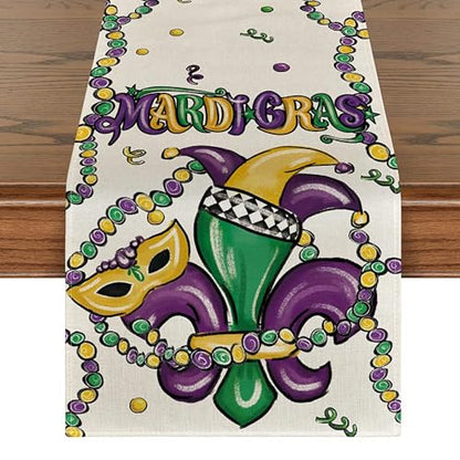 Irises Mask Carnival Mardi Gras Table Runner 13x120 Inches Purple for Holiday & Party Decor