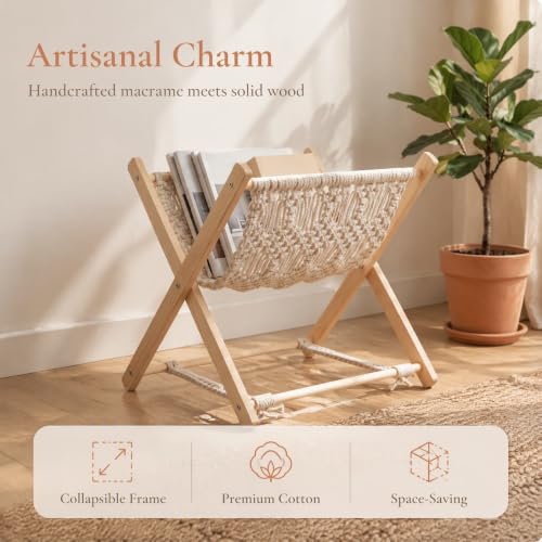 Wood Frame Magazine Rack with Cotton Rope Strap - Space Saving Folding Book Holder