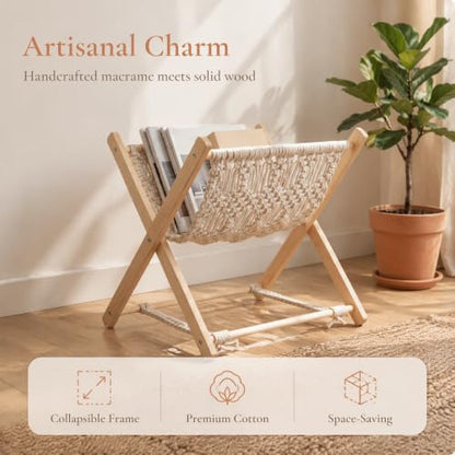 Wood Frame Magazine Rack with Cotton Rope Strap - Space Saving Folding Book Holder