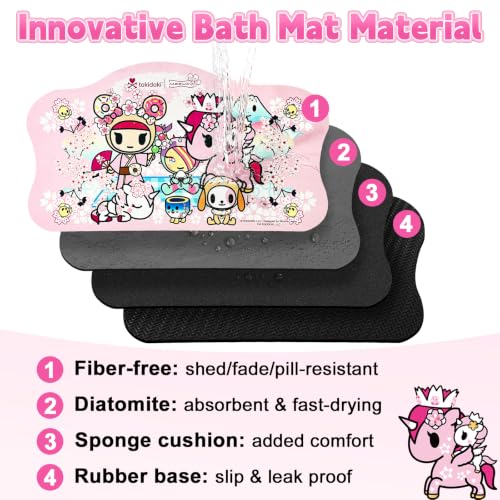Tokidoki Pink Waterproof Non-Slip Bath Mat - Quick Dry, Absorbent Bathroom Rug