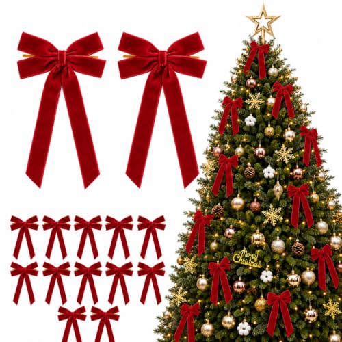 Velvet Christmas Tree Bows with Twist Ties - Red, 12 Pack, 5 x 10 Inches