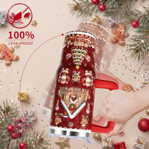 Christmas Gingerbread Tumbler with Handle 30 oz - Red Insulated Travel Mug