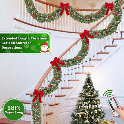 18 Ft Prelit Christmas Garland with 340 Tips & 100 LEDs for Indoor Outdoor Holiday Decor