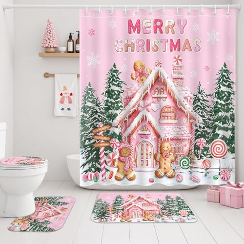 Christmas Shower Curtain Set Pink Gingerbread Holiday Bathroom Decor - 4 Pieces