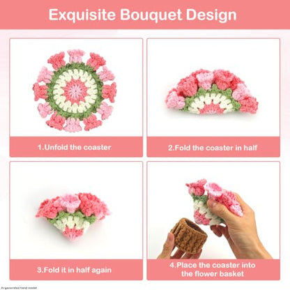 Flower Crochet Coasters Set of 2 with Plant Pot Holder - Handmade Floral Drink Protectors