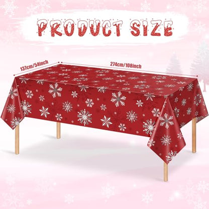 Red Snowflake Christmas Tablecloths - Pack of 3, 54 x 108 Inches, Disposable Holiday Decor