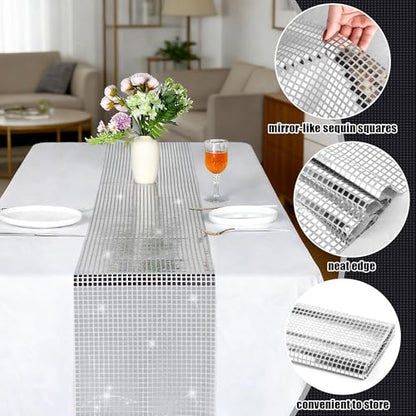 Silver Disco Party Table Runner 6 Pack, 11 x 108 Inch Glitter Sequin Decor