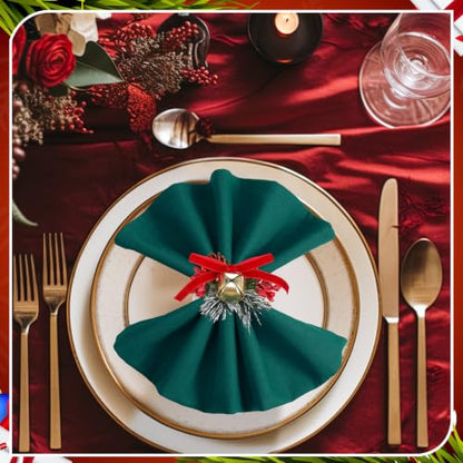 Christmas Bow Bells Polyester Napkins & Rings Set - Holiday Table Decor
