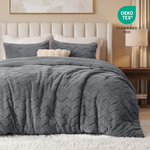 Love's Cabin Reversible Fleece Queen Comforter Set with W-Pattern - Grey