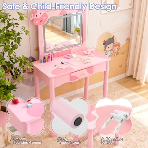 Kids Vanity Set with LED Mirror & Cow Shape - Pink with Cow Pattern