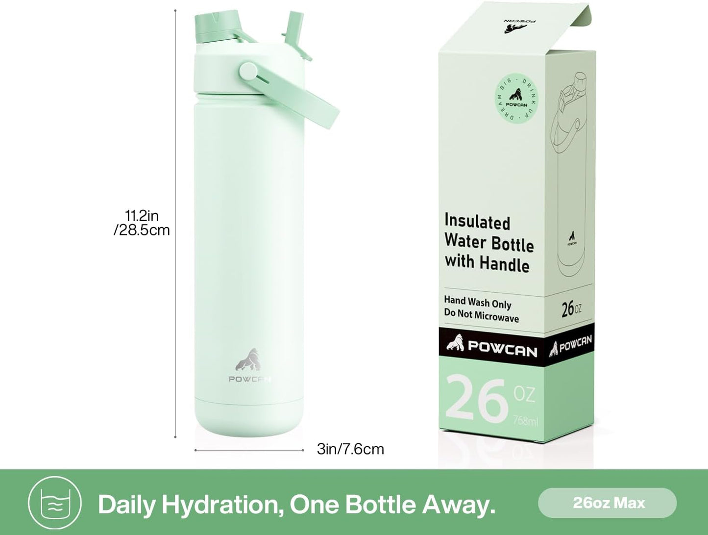 POWCAN 26 oz Insulated Water Bottle - 2-in-1 Straw & Spout Lid | Keeps Drinks Cold 24H, Leak-Proof, Mint