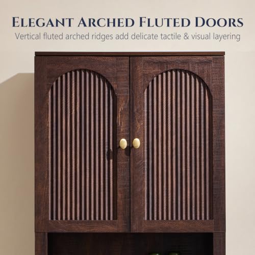 72-Inch Wooden Over The Toilet Bathroom Storage Cabinet - Brown, Arched Fluted Design